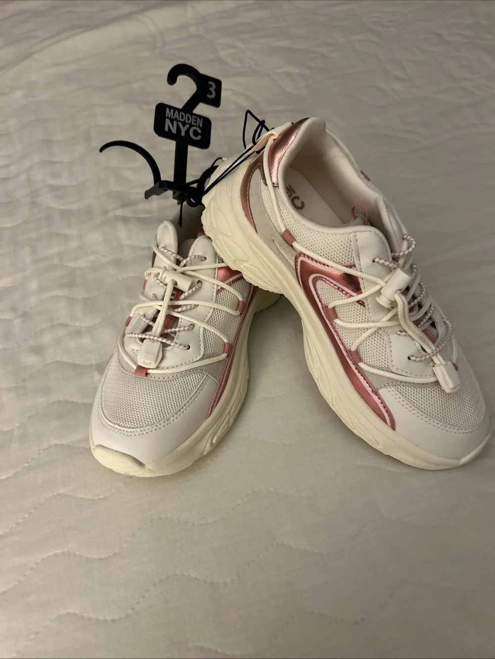 Madden NYC Kids White Sneakers with Pink Metallic Detail